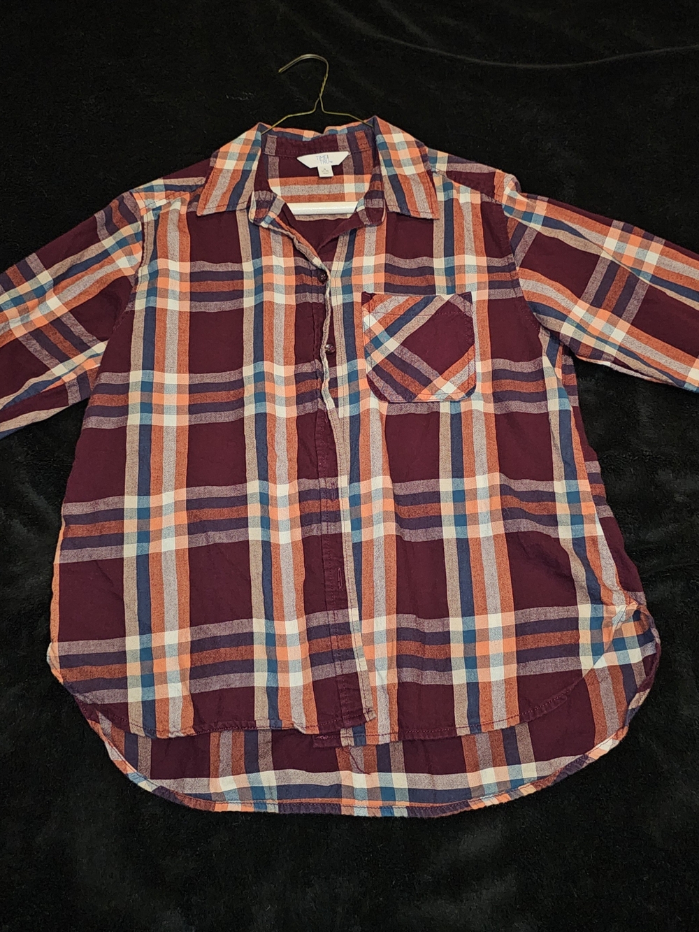 Time and Tru Burgundy Plaid Button-Up Shirt with Orange and Cream Stripes